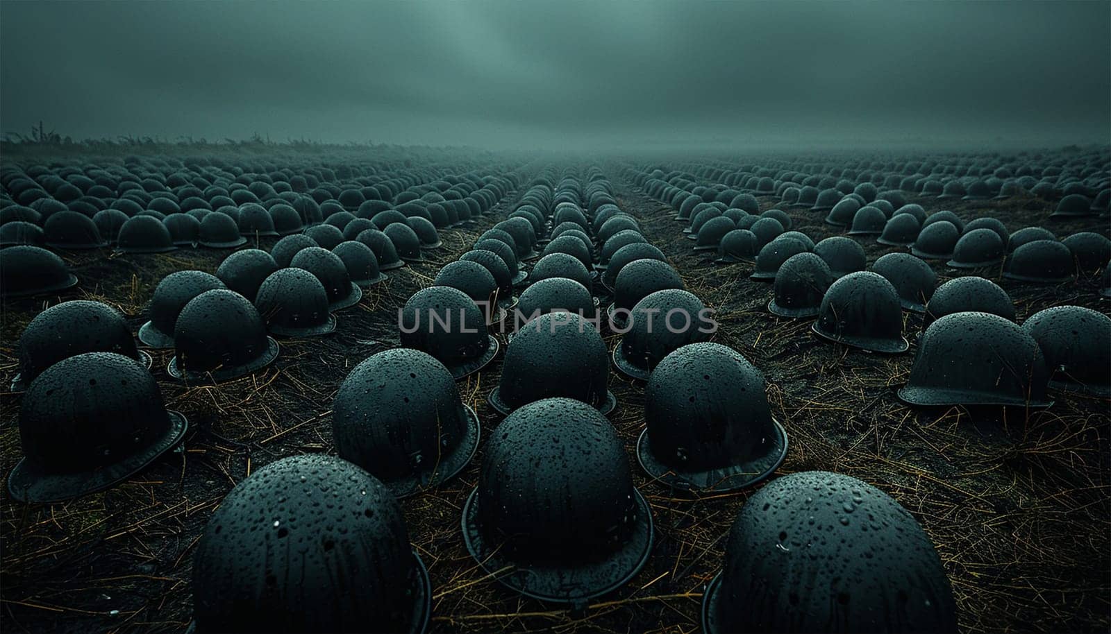 Helmets in a row on battlefield. Military warzone. Army rangers in combat helmets. military graveyard. Soldiers who died in the war