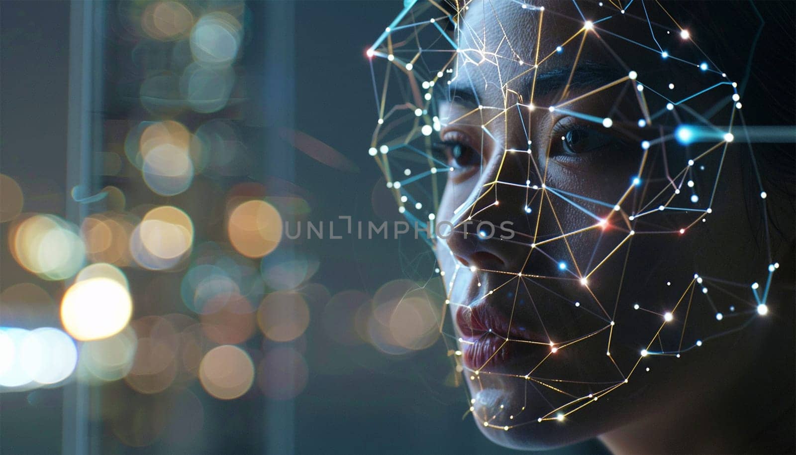 Face analysis. Future. Face Detection. Technological 3d Scanning. Biometric Facial Recognition. Face Id. Technological Scanning Of The Face Of Beautiful Caucasian woman