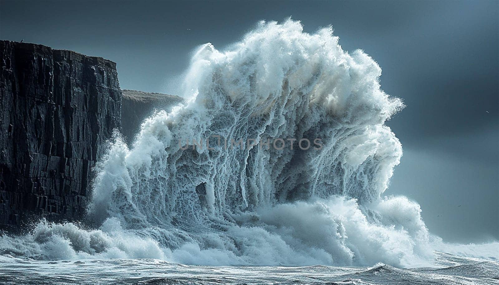 Extreme Wave crushing coast , Large Ocean Beautiful Wave, Awesome power of waves breaking over dangerous rocks. Powerful ocean wave crushing on cliff slow-motion beauty