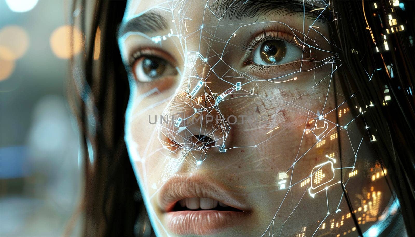 Face analysis. Future. Face Detection. Technological 3d Scanning. Biometric Facial Recognition. Face Id. Technological Scanning Of The Face Of Beautiful Caucasian woman