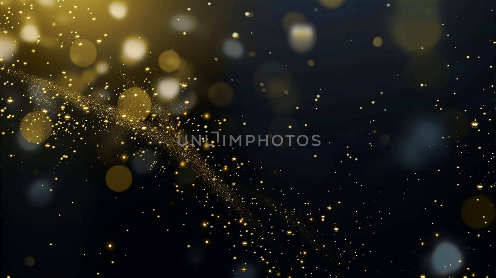 Golden particles on dark background. Festive abstract Christmas texture, golden bokeh particles and highlights on dark background. Glitter and spark festive abstract design with copy space