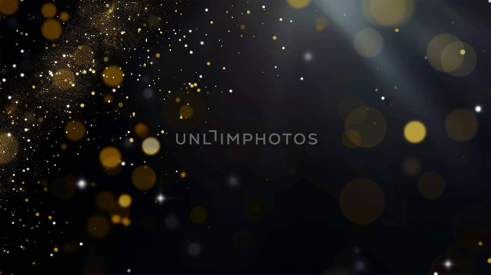 Golden particles on dark background. Festive abstract Christmas texture, golden bokeh particles and highlights on dark background. Glitter and spark festive abstract design with copy space