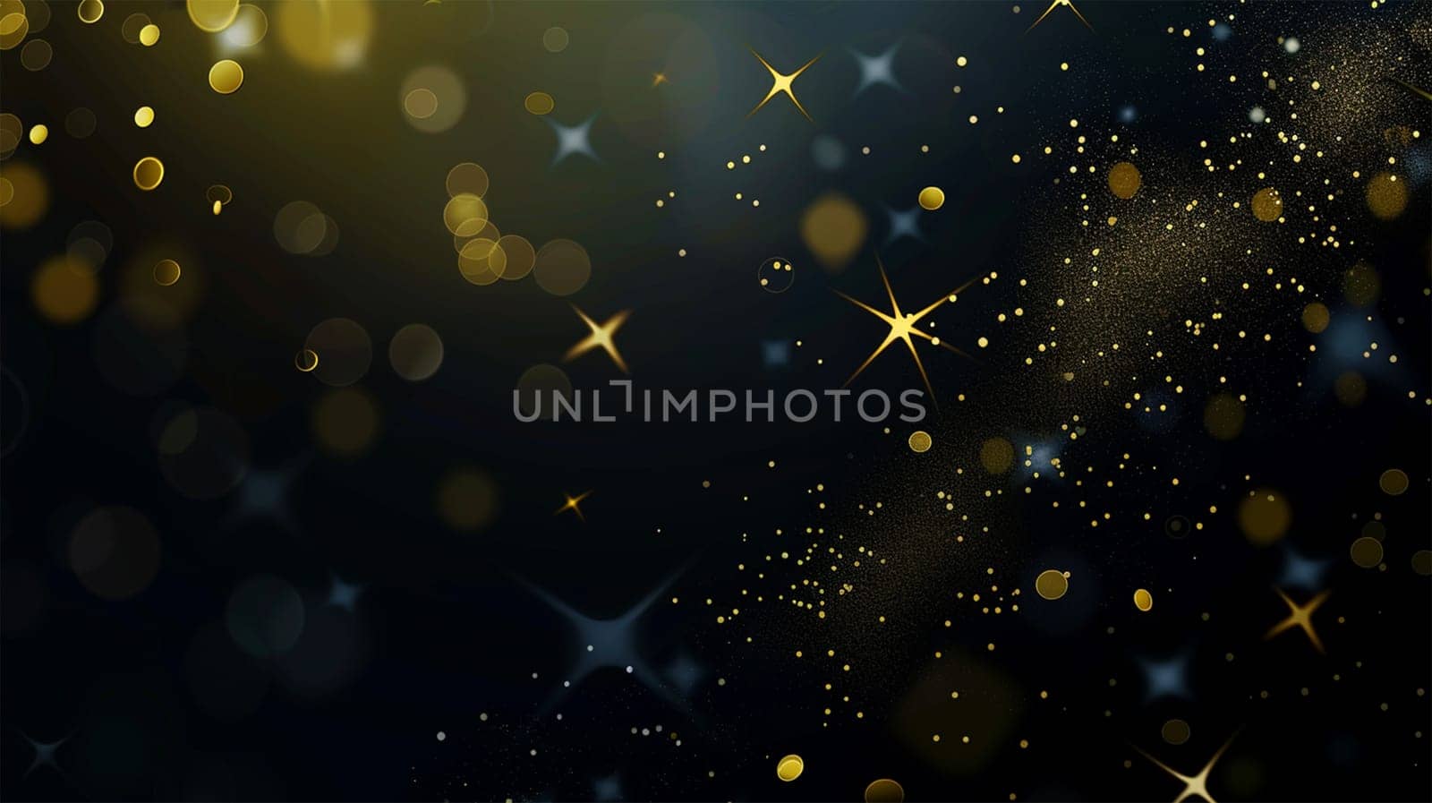 Golden particles on dark background. Festive abstract Christmas texture, golden bokeh particles and highlights on dark background. Glitter and spark festive abstract design with copy space