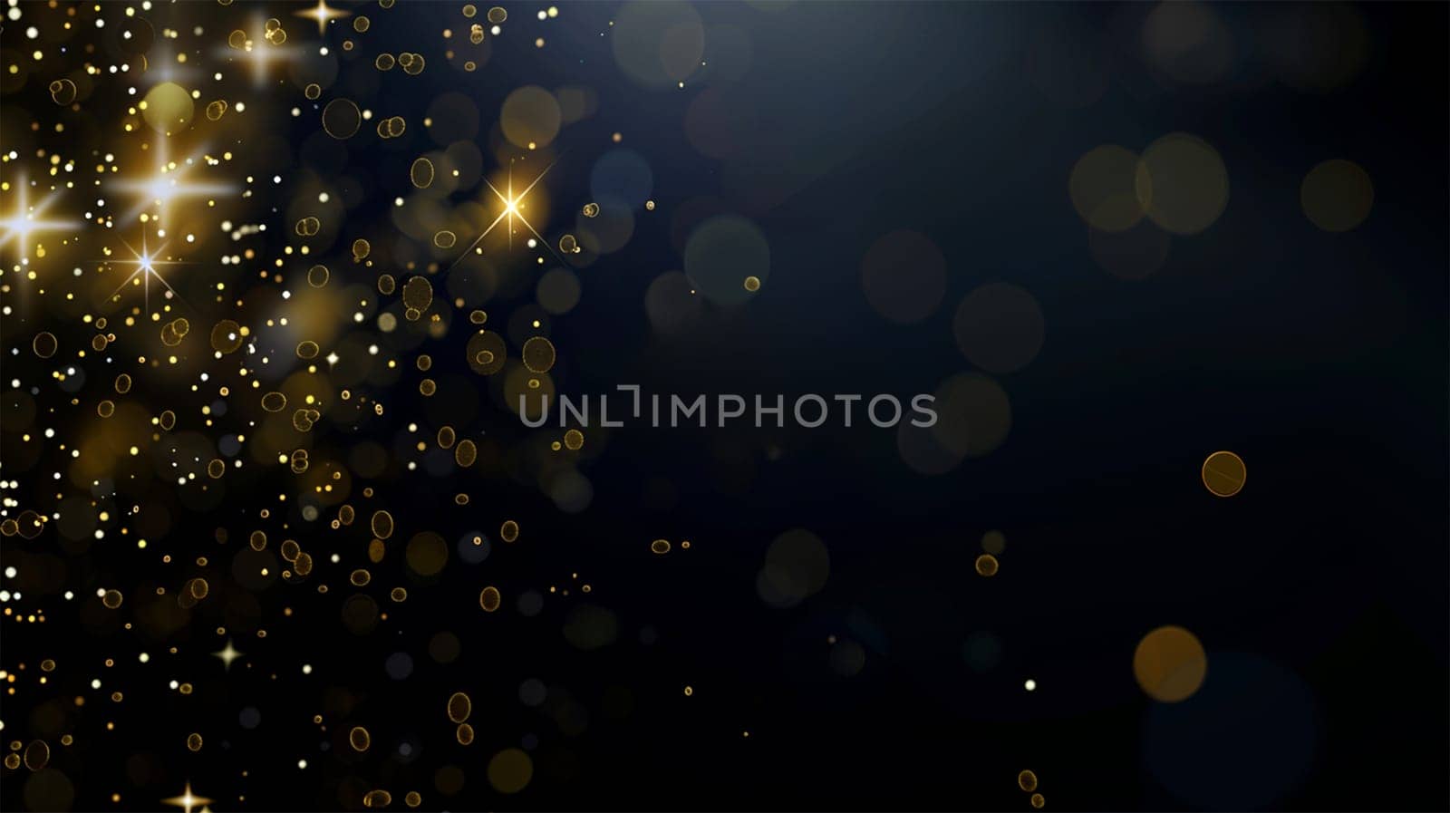 Golden particles on dark background. Festive abstract Christmas texture, golden bokeh particles and highlights on dark background. Glitter and spark festive abstract design with copy space