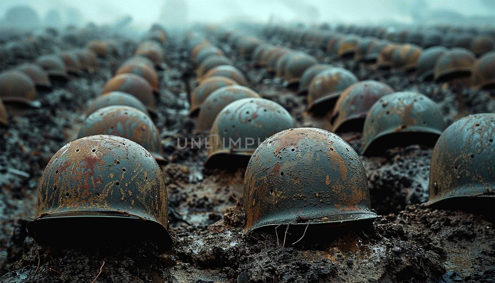 Helmets in a row on battlefield. Military warzone. Army rangers in combat helmets. military graveyard. Soldiers who died in the war