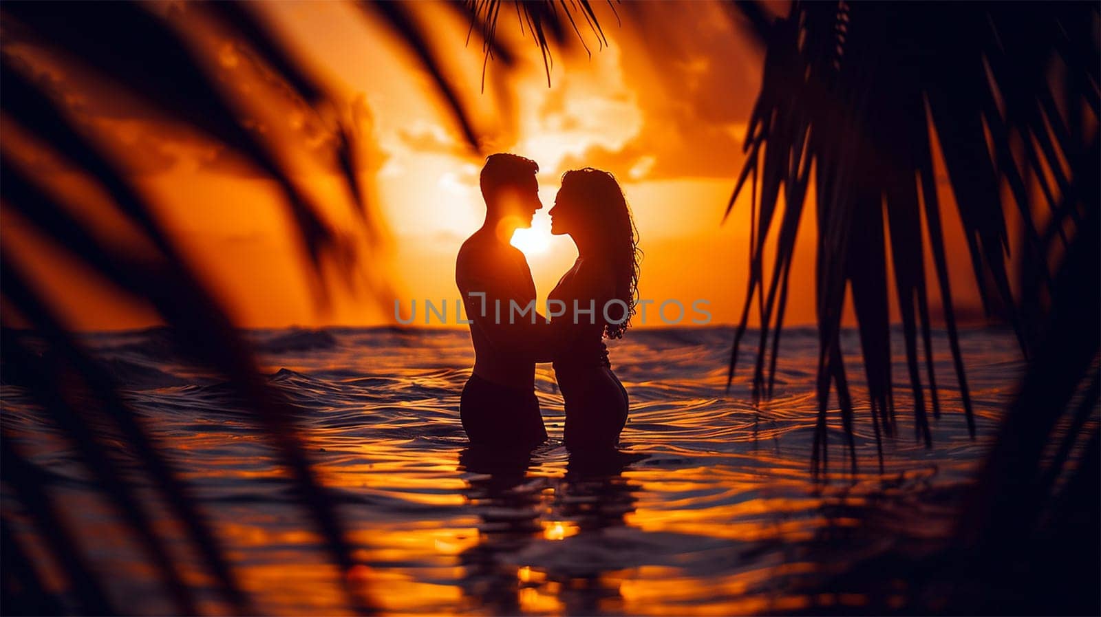 Lovely, romantic couple silhouette in ocean and sunset beach, enjoying evening light, relaxing on tropical summer vacation. Honeymoon. Love. Back view. hugging and kissing romantic