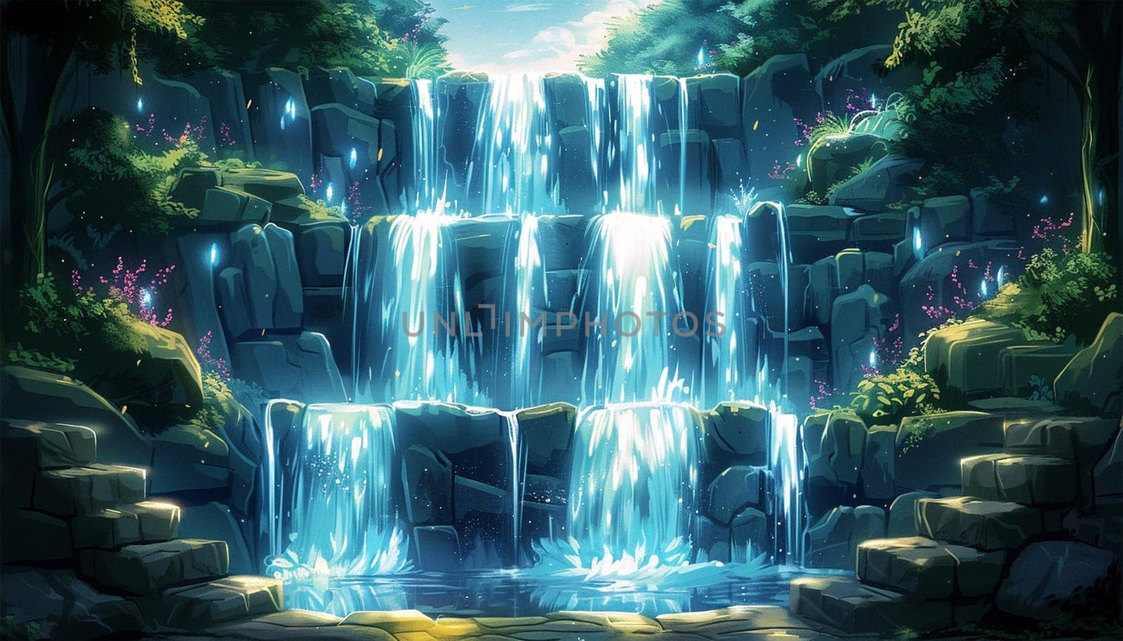Animation beautiful waterfall front view in magical tropical jungle. Nature river waterfall forest. cartoon. Anime background landscape beauty