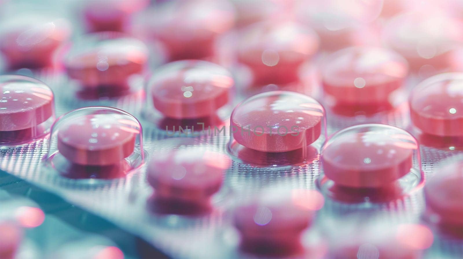 Pill strip,medication. Colorful film coated round tablet NSAIDS pills in transparent blisters silver strip packs isolated on white background with copy space. Drug use in anti-inflammatory and pain. Selective close up focus