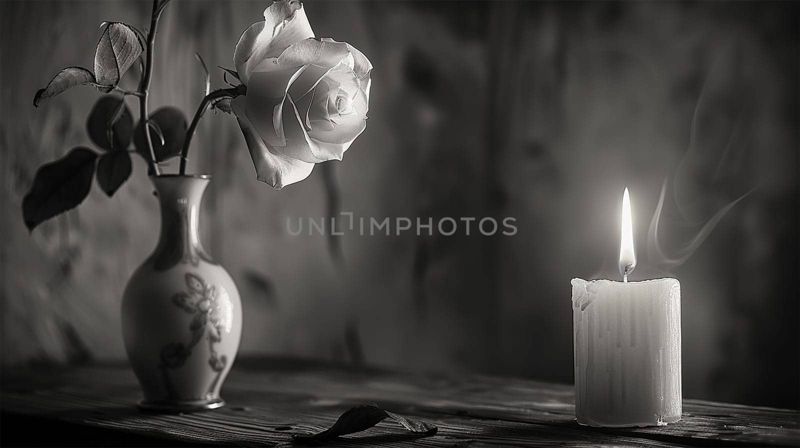 Burning candle with vintage vase and white rose. Burning candles on dark surface. Melted wax candle burning at night. Memory day. Black and white