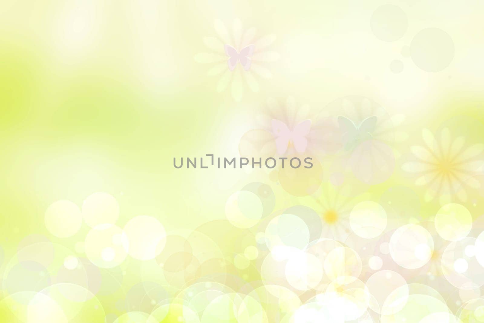 Hello spring background. Abstract delicate bright spring or summer landscape texture with natural green yellow white bokeh lights, sunshine and butterflies. Beautiful backdrop with space.