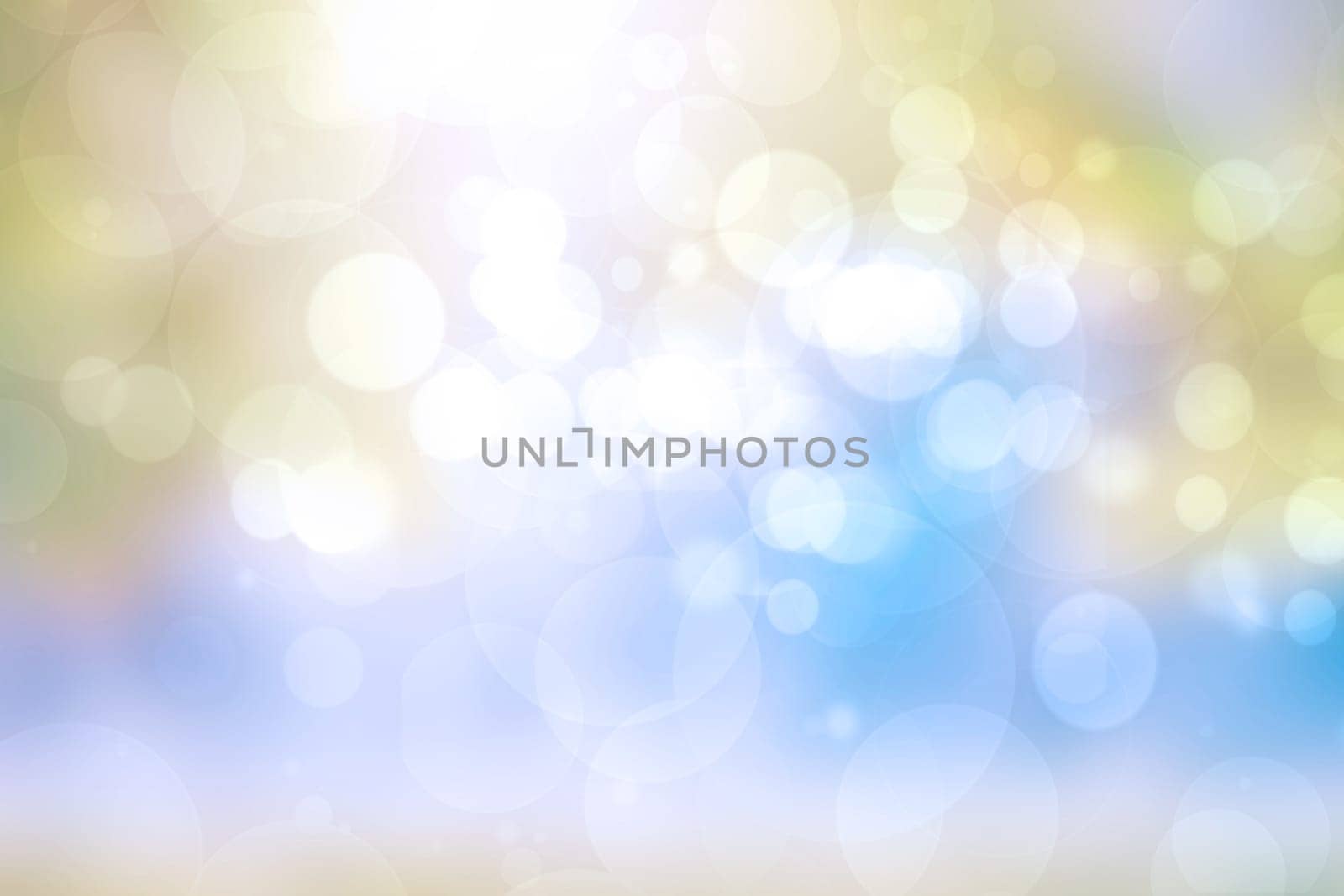 Abstract blurred fresh vivid spring summer light delicate blue yellow white bokeh background texture with bright circular soft color lights. Beautiful backdrop illustration. Space.