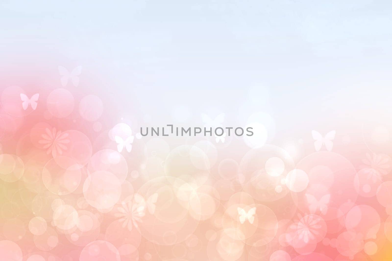 Abstract blurred vivid summer light delicate bright pink yellow bokeh background texture with bright soft color flowers and butterflies. Hello spring card concept. Beautiful backdrop illustration.