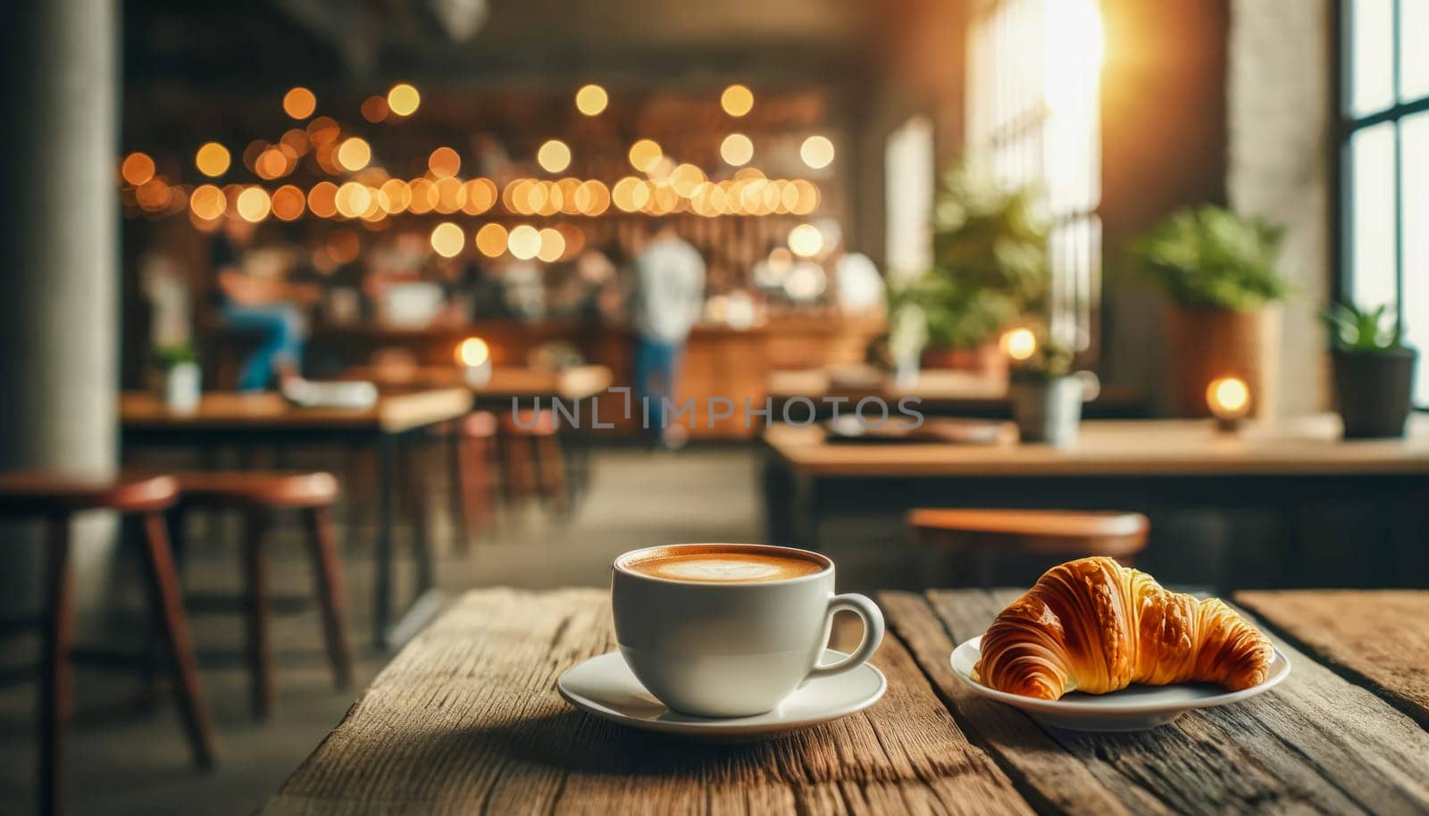 A foamy cappuccino and a freshly baked croissant on a wooden table in a cozy, sunlit cafe with blurred patrons in the background.