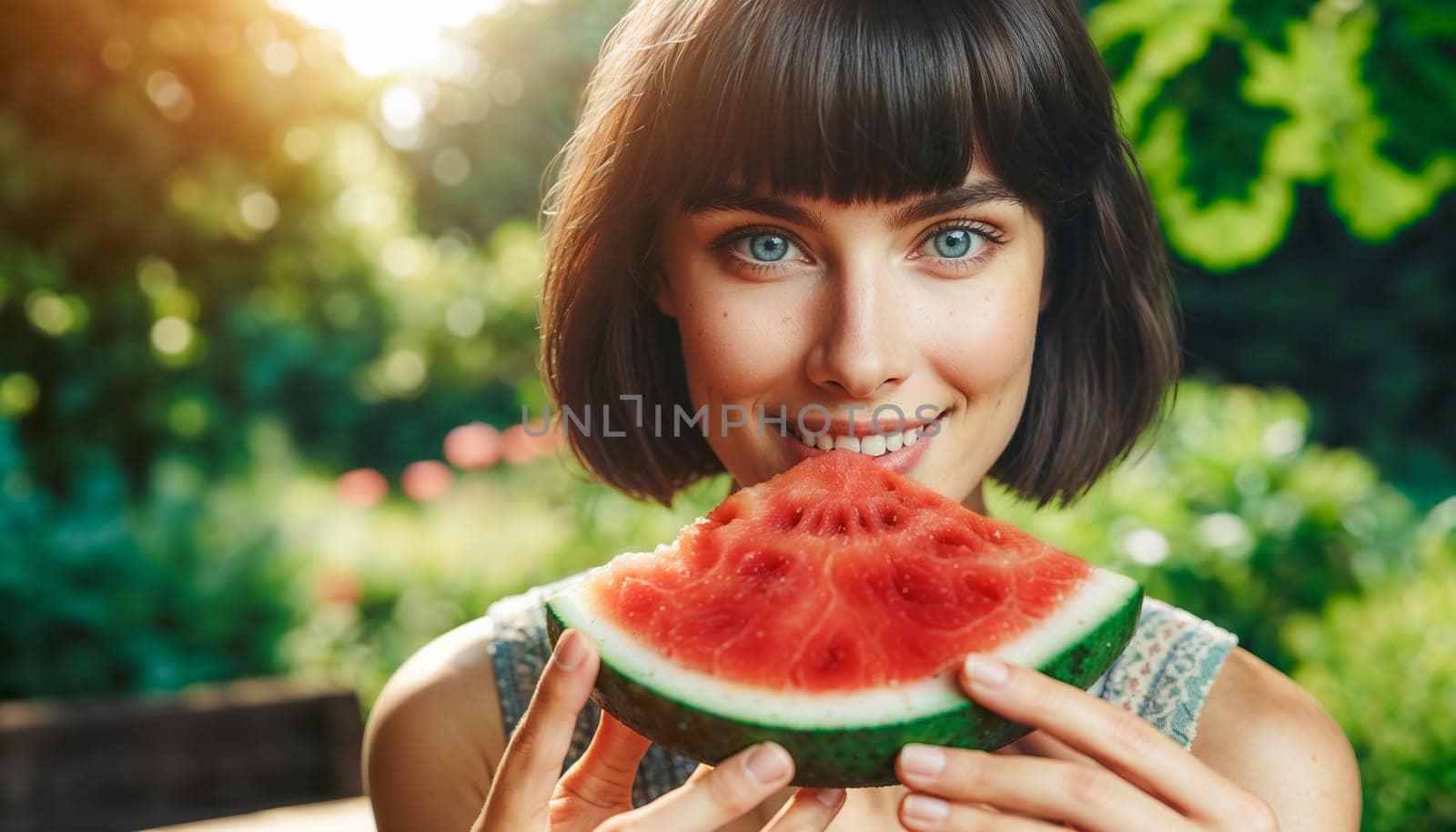 A young woman in her 20s enjoying a slice of watermelon outdoors in a sunlit garden.