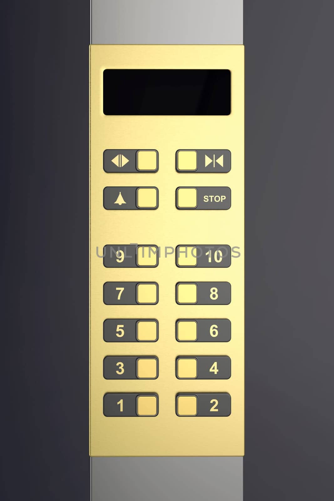 Front view of golden elevator control panel