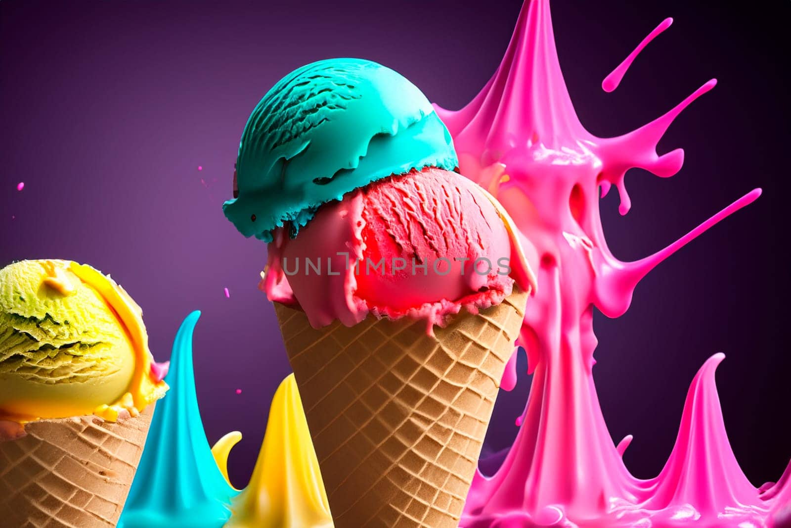 Scoops of colorful ice cream in waffle cones.