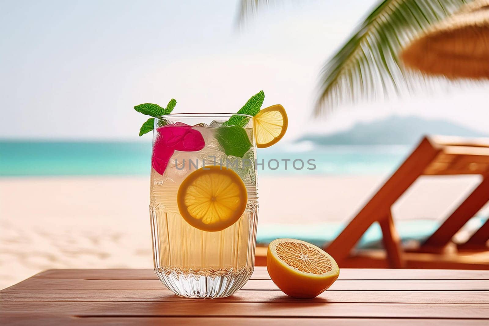 Glass of lemonade with fresh berries - on a wooden table, surrounded by tropical plants and the sea