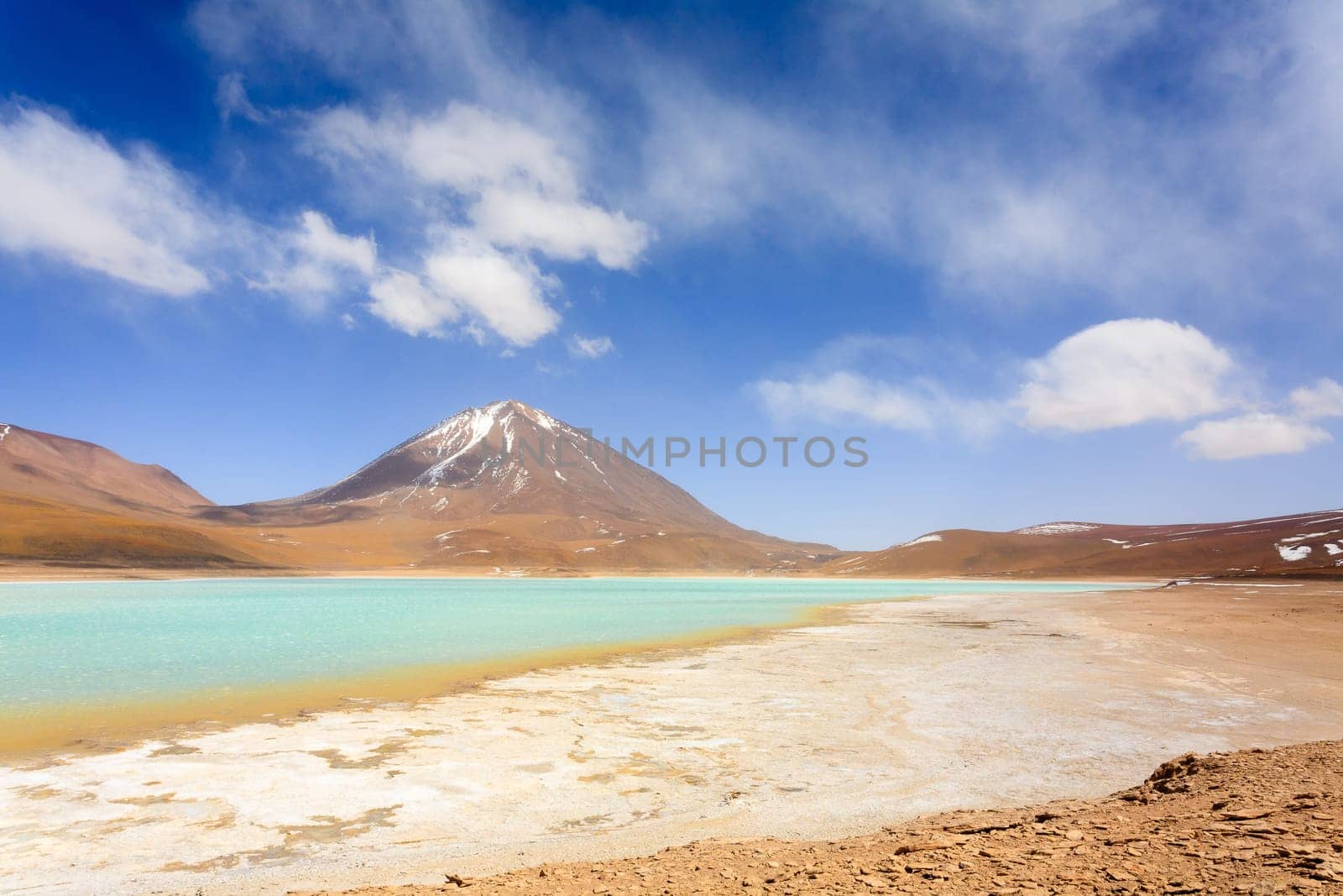 Laguna Verde landscape,Bolivia.Beautiful bolivian panorama.Green lagoon and Licancabur volcano