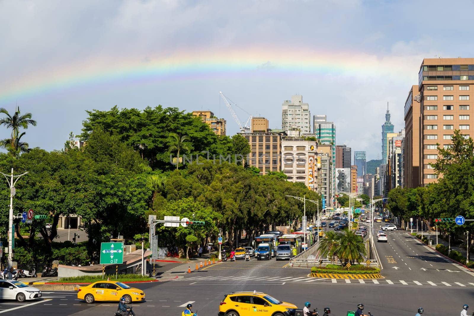 Taipei, Taiwan 25 July 2023: Taipei city street with rainbow