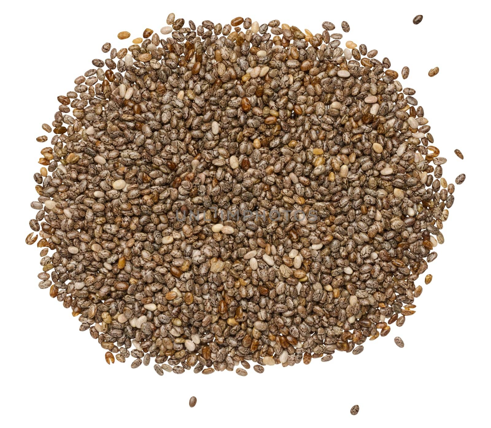 Chia seeds scattered in a heap, isolated background