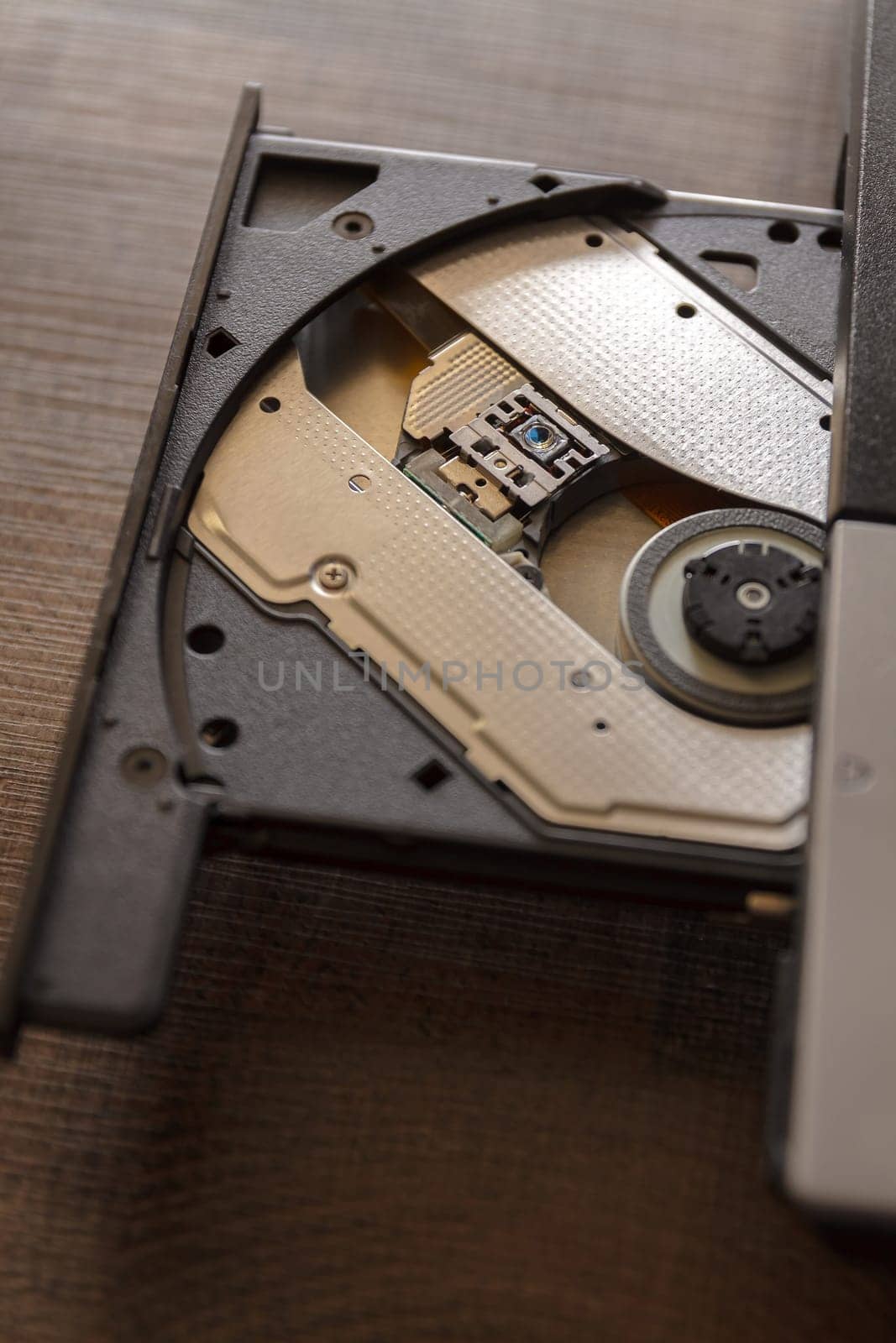 Close-up optical drive on a laptop without a disk.Selective focus with shallow depth of field.