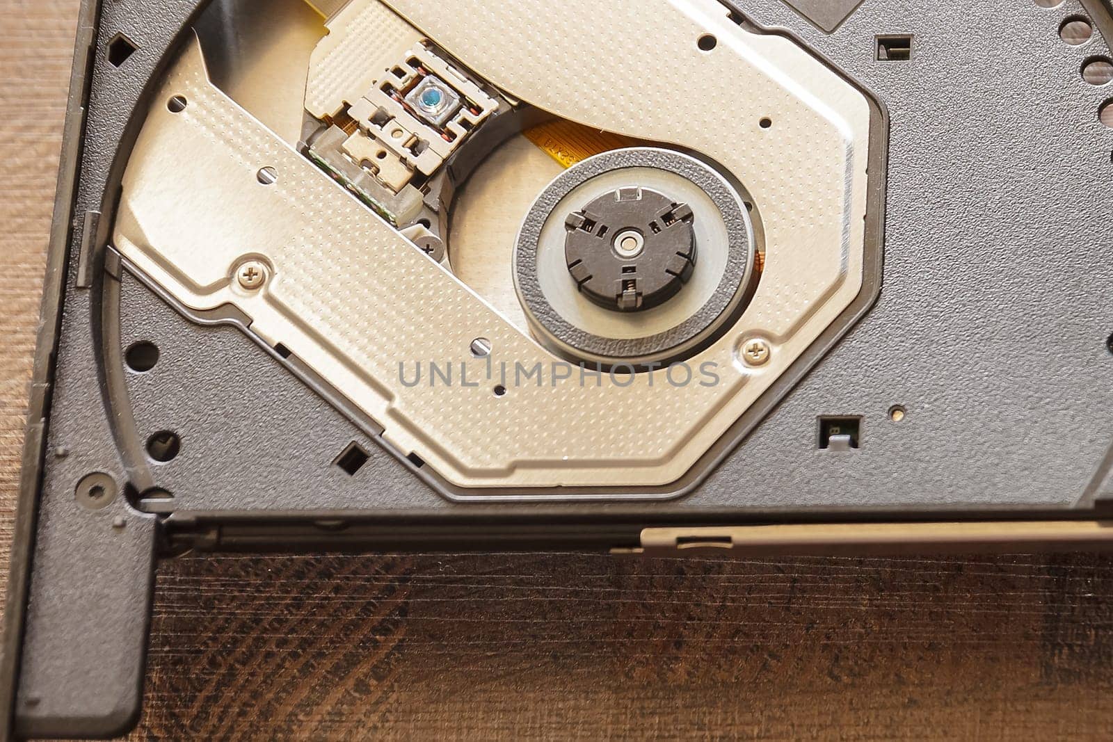 Close-up optical drive on a laptop without a disk.Selective focus with shallow depth of field.