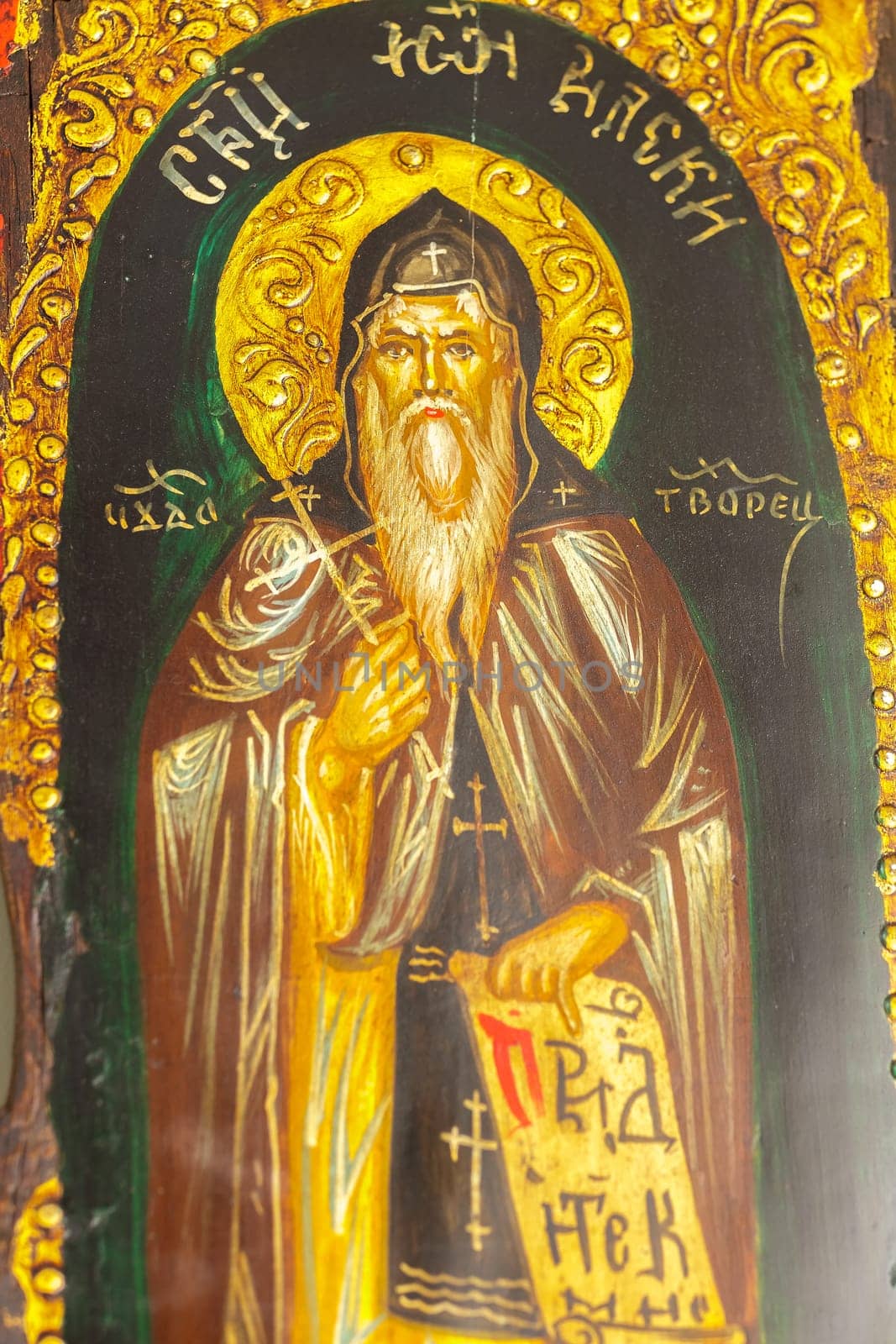 Detail of an icon with the image of an Eastern Orthodox saint.Selective focus with shallow depth of field.