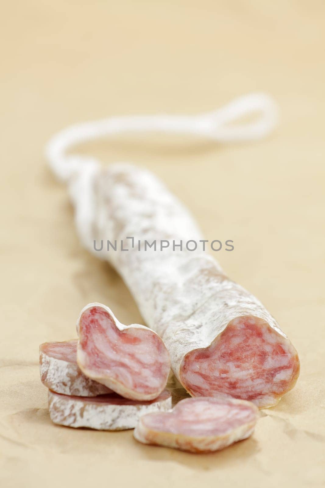 Traditional Spanish smoked salami.Selective focus with shallow depth of field.
