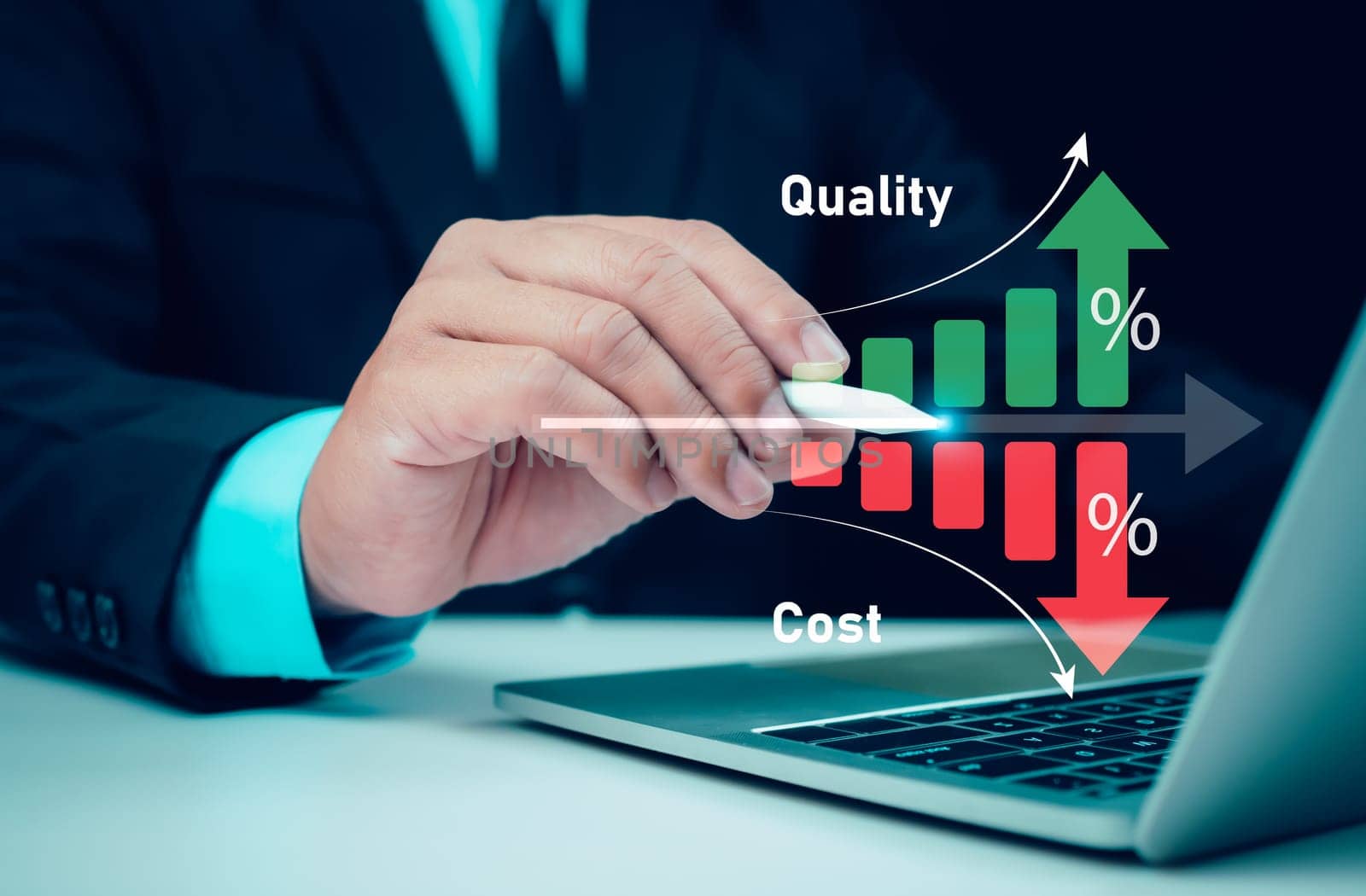 Businessman working on computer with quality control growth graph and cost reduction, Effective business, Cost and quality control, business strategy and project management concept.