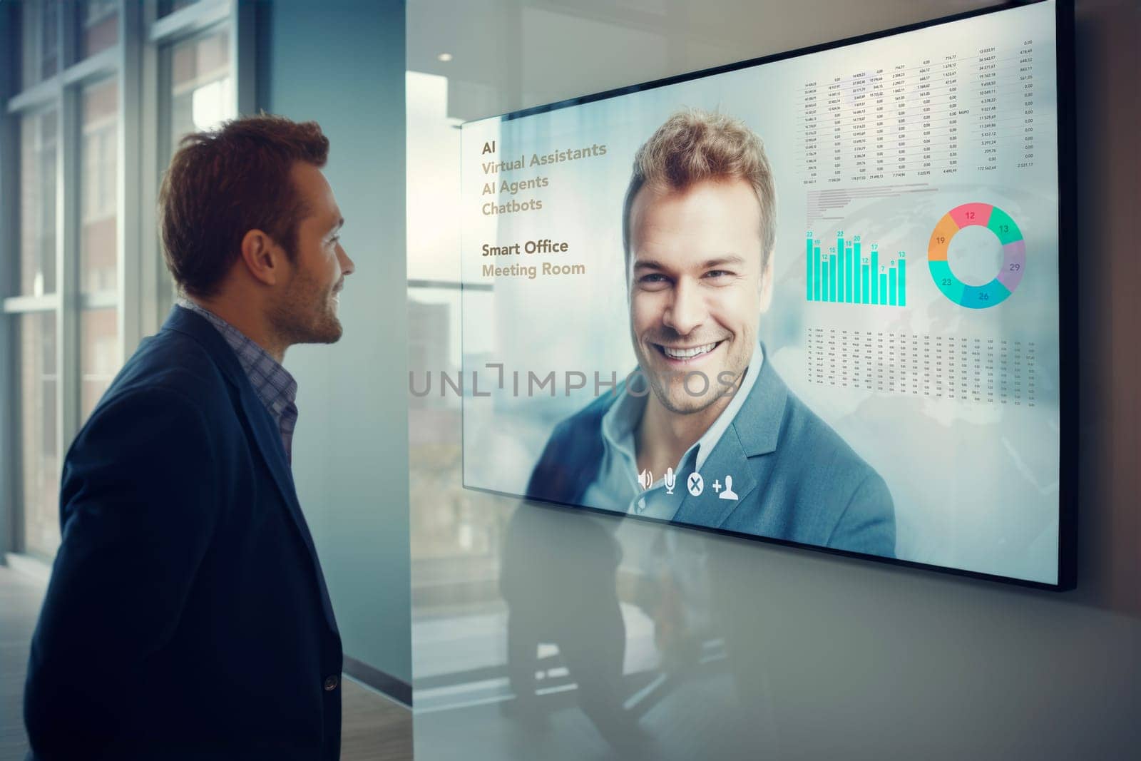 Businessman having online business conference video call with business person on tv screen monitor in board meeting room. Video conference presentation. Global group corporate team making video call on internet. Discussing company financial statements. Remote meeting with team