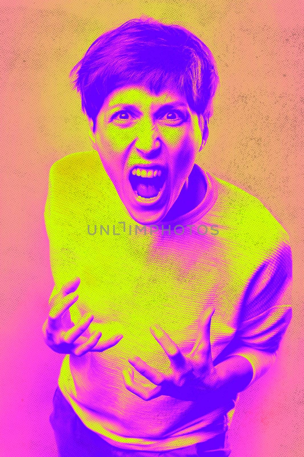 Fury. Frustrated and angry woman screaming. Modern art collage, design. Human frustration concept.