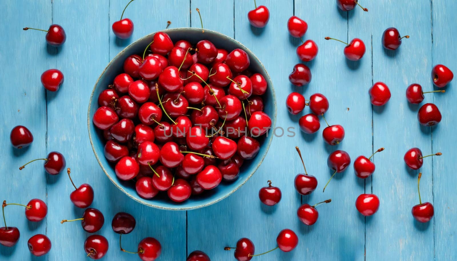 A bowl filled with fresh red cherries on a blue wooden table with scattered cherries around