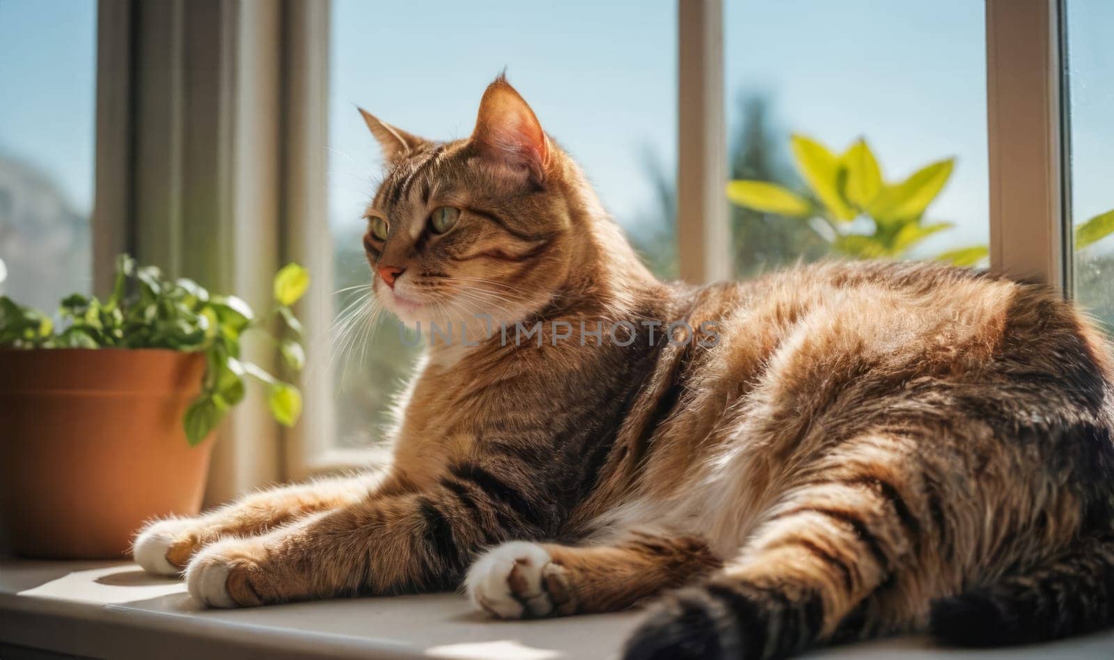 A tabby cat lounging on a sunny windowsill next to a potted plant, enjoying the warmth.