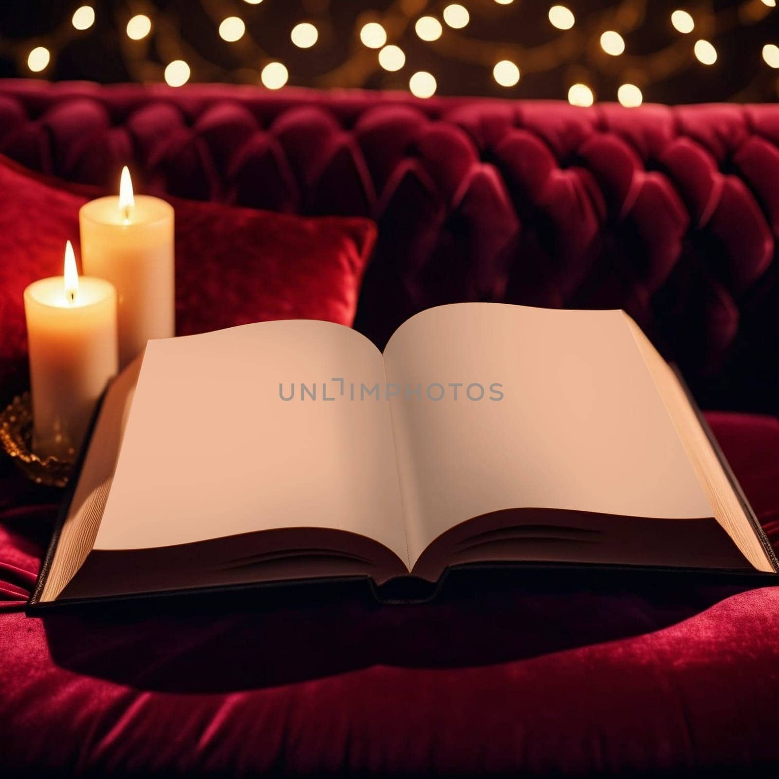 Opened book on a sofa under candle light, editable PSD mock-up series with smart object layers ready for your design