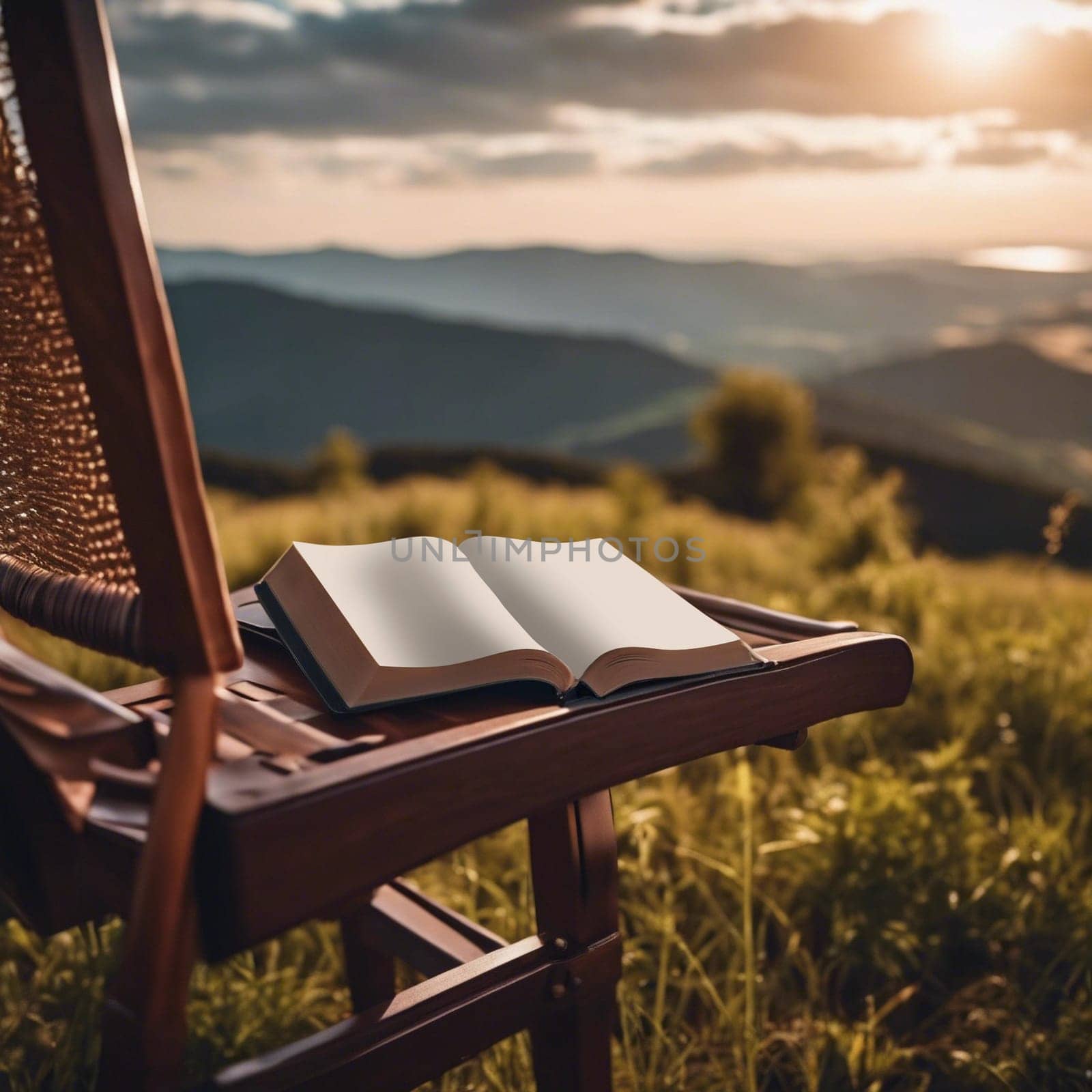Opened book on a chair in front of beautiful landscape - travel concept, editable PSD mock-up series with smart object layers template ready for your design