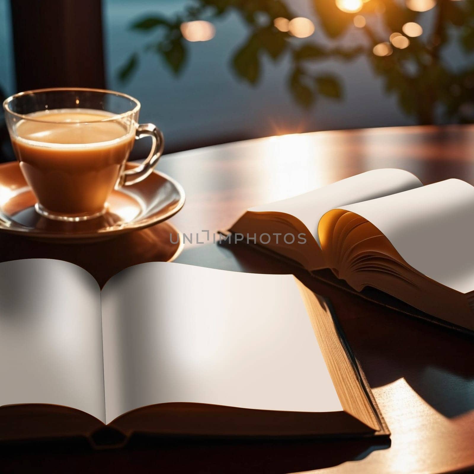 Opened books on a table beside coffee cup, editable PSD mock-up series with smart object layers template ready for your design