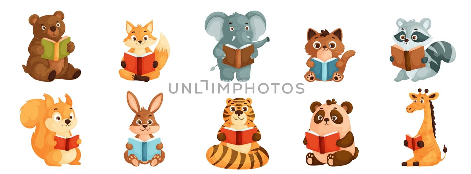 Cute Illustrations of Bear, Fox, Elephant, Raccoon, and More Engaged in Reading. Perfect for Educational Materials, Childrens Books, and Literacy Campaigns.