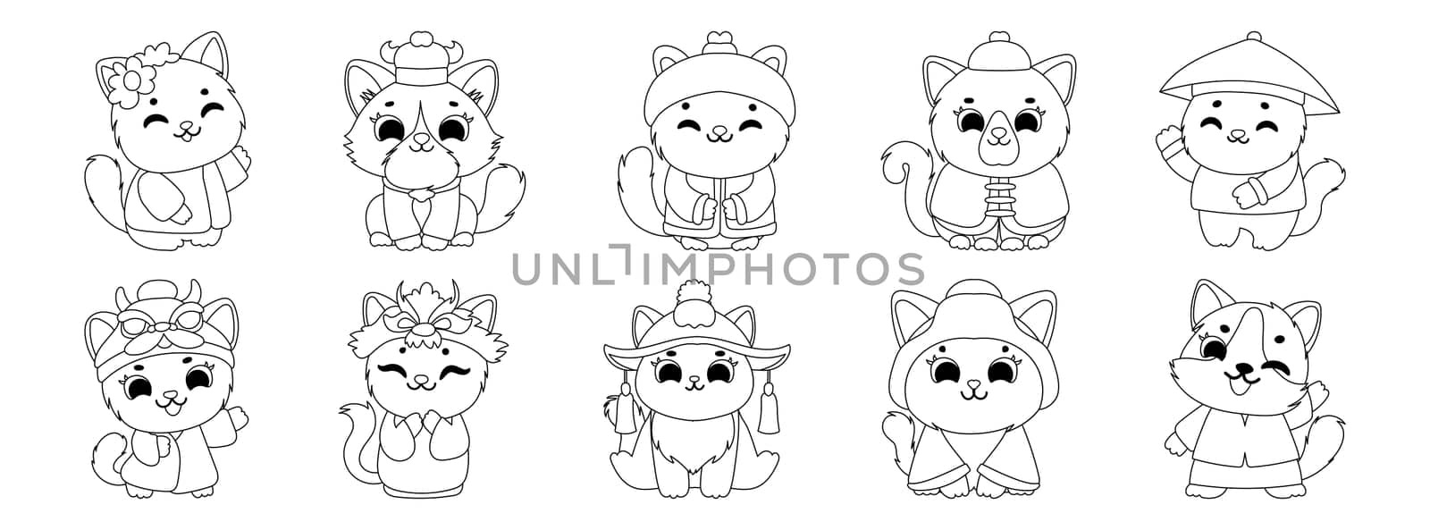 Cute Cartoon Cats in Traditional Outfits Coloring Page