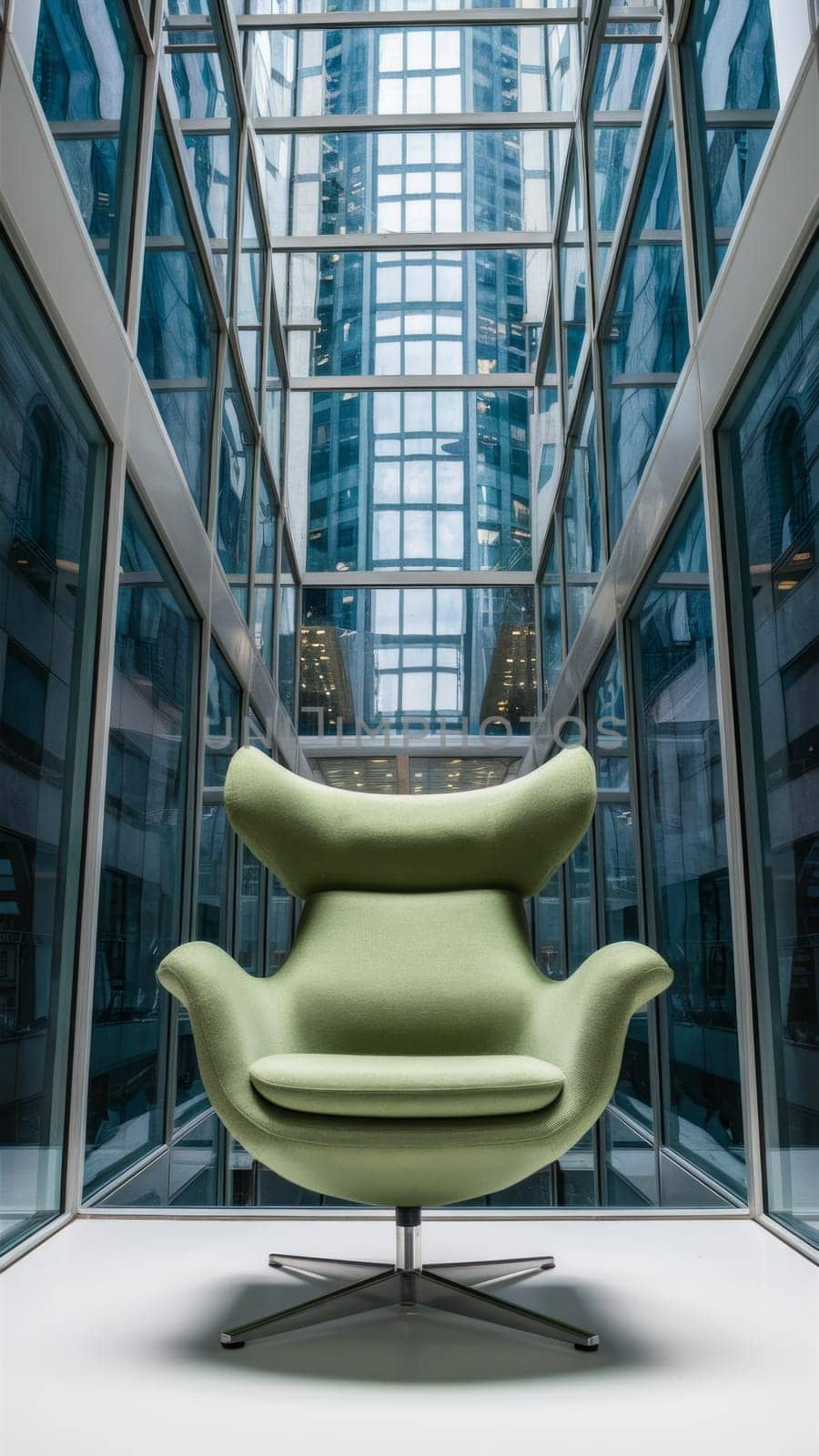 A stylish green armchair positioned in a sleek glass corridor with reflections of urban architecture, creating a modern and sophisticated atmosphere.Suitable for inspiration for modern office decor