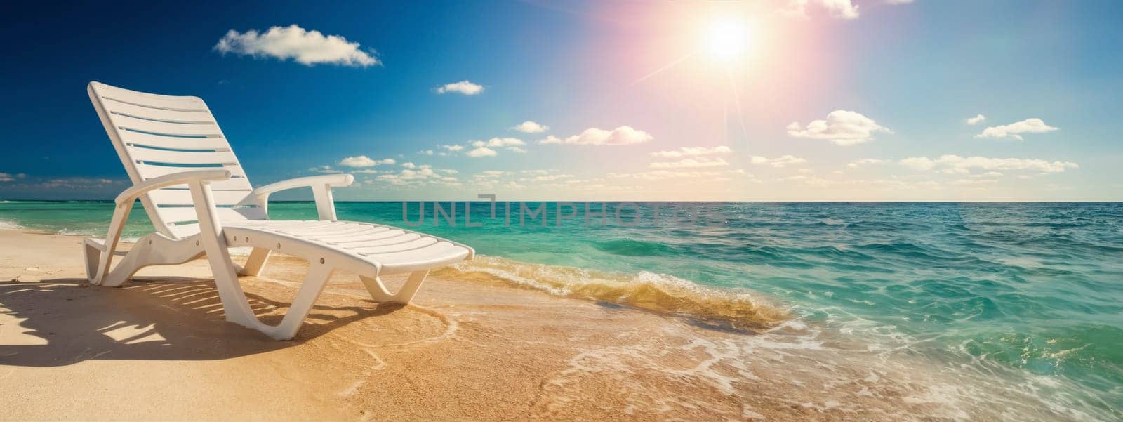 White chair on sandy beach with turquoise ocean and clear blue sky in the background. Suitable for travel brochures, vacation promotions and summer promotions.
