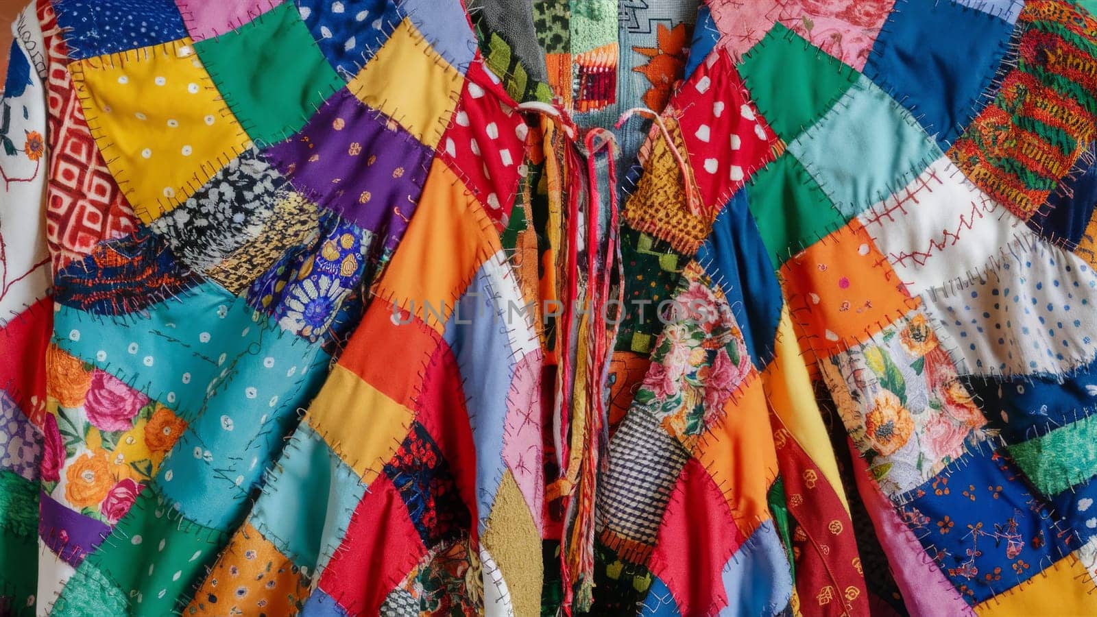 Close-up of a colorful patchwork garment with different colored squares of fabric sewn together with visible stitching.