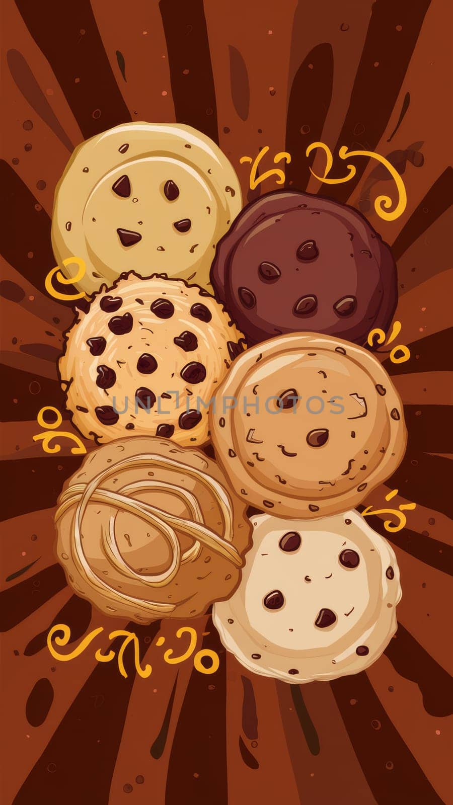 A fun and colourful illustration of various chocolate chip cookies against a swirling brown background, creating a playful and appetising scene.