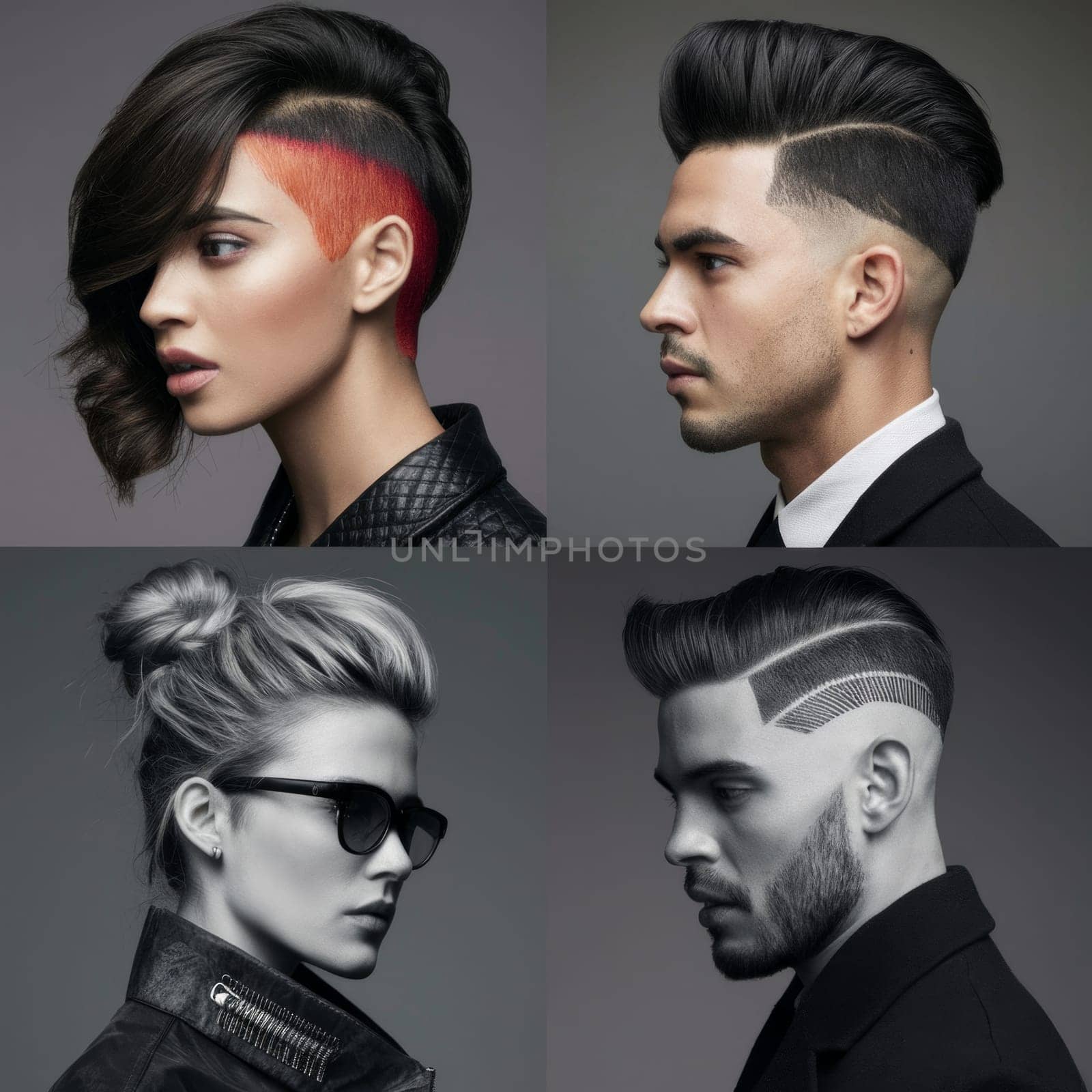Four models showing off stylish modern haircuts, each with a unique and avant-garde design. Trendy and fashionable looks.