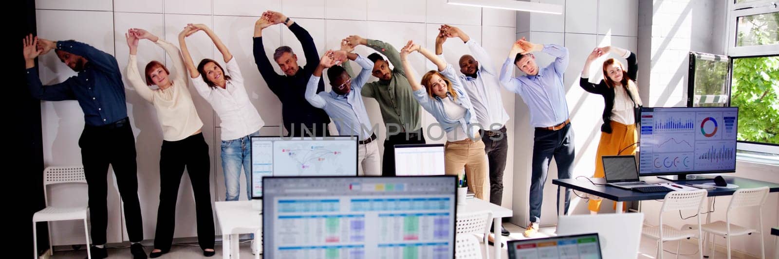 Office People Fitness Stretching Workout. Team Exercising