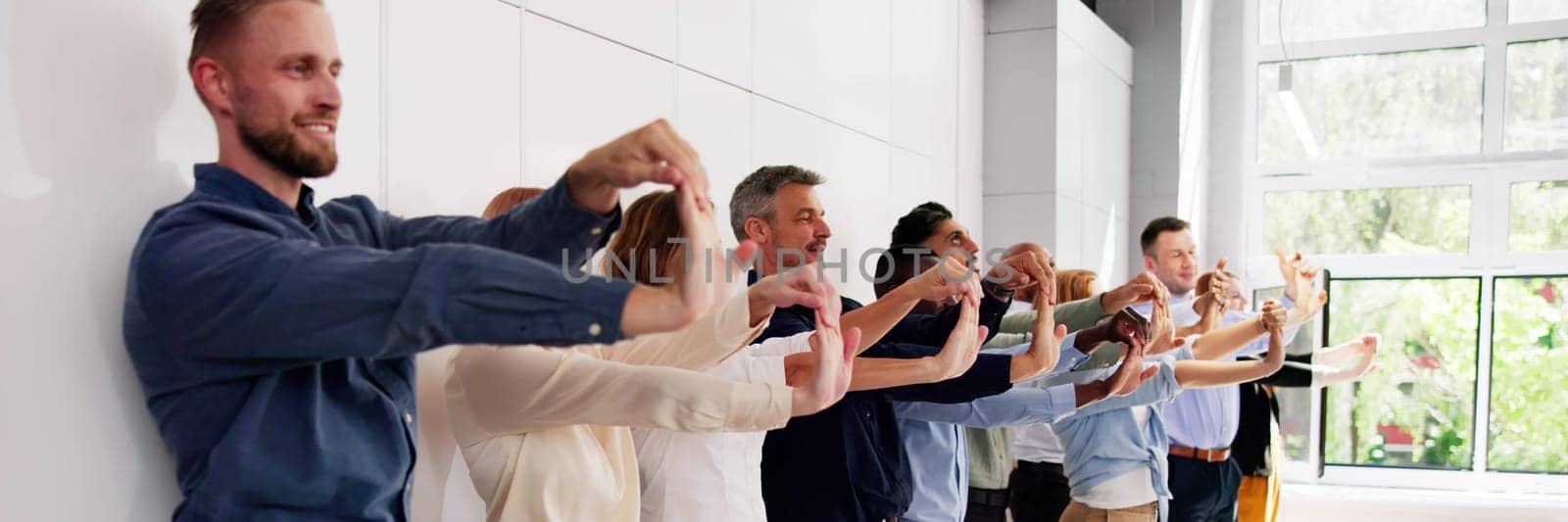 Corporate Yoga Near Business Desk. Diverse Group Workout