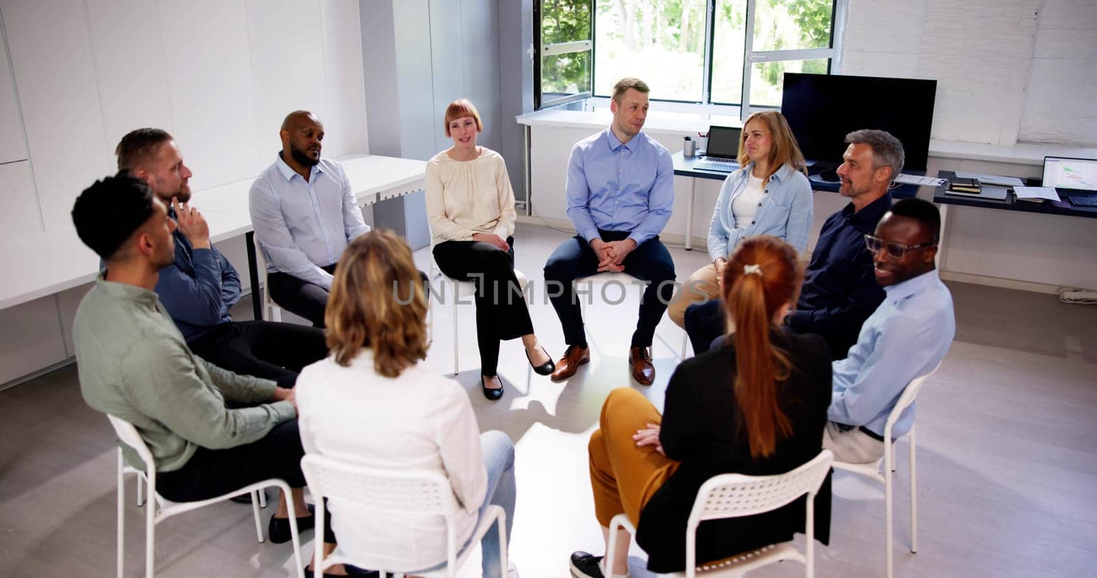 Business Communication In Office And Teamwork. Sitting Meeting
