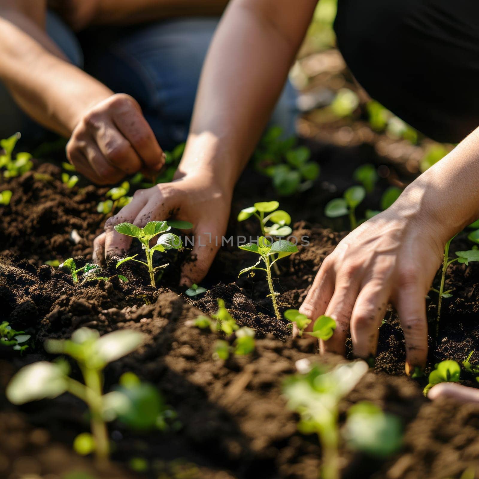 Close-up of hands planting seedlings in soil, community garden teamwork