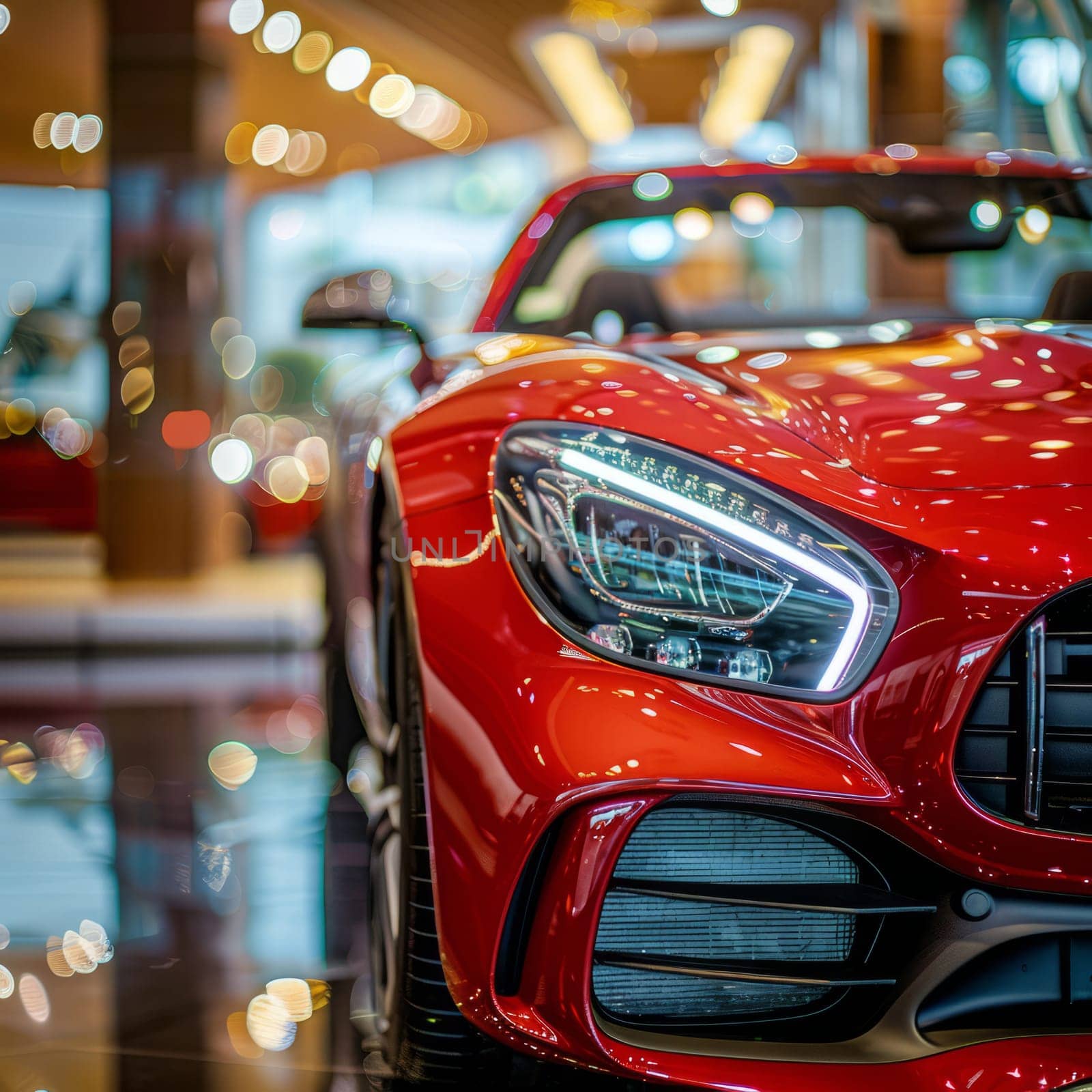 Luxury red sports car in a car showroom