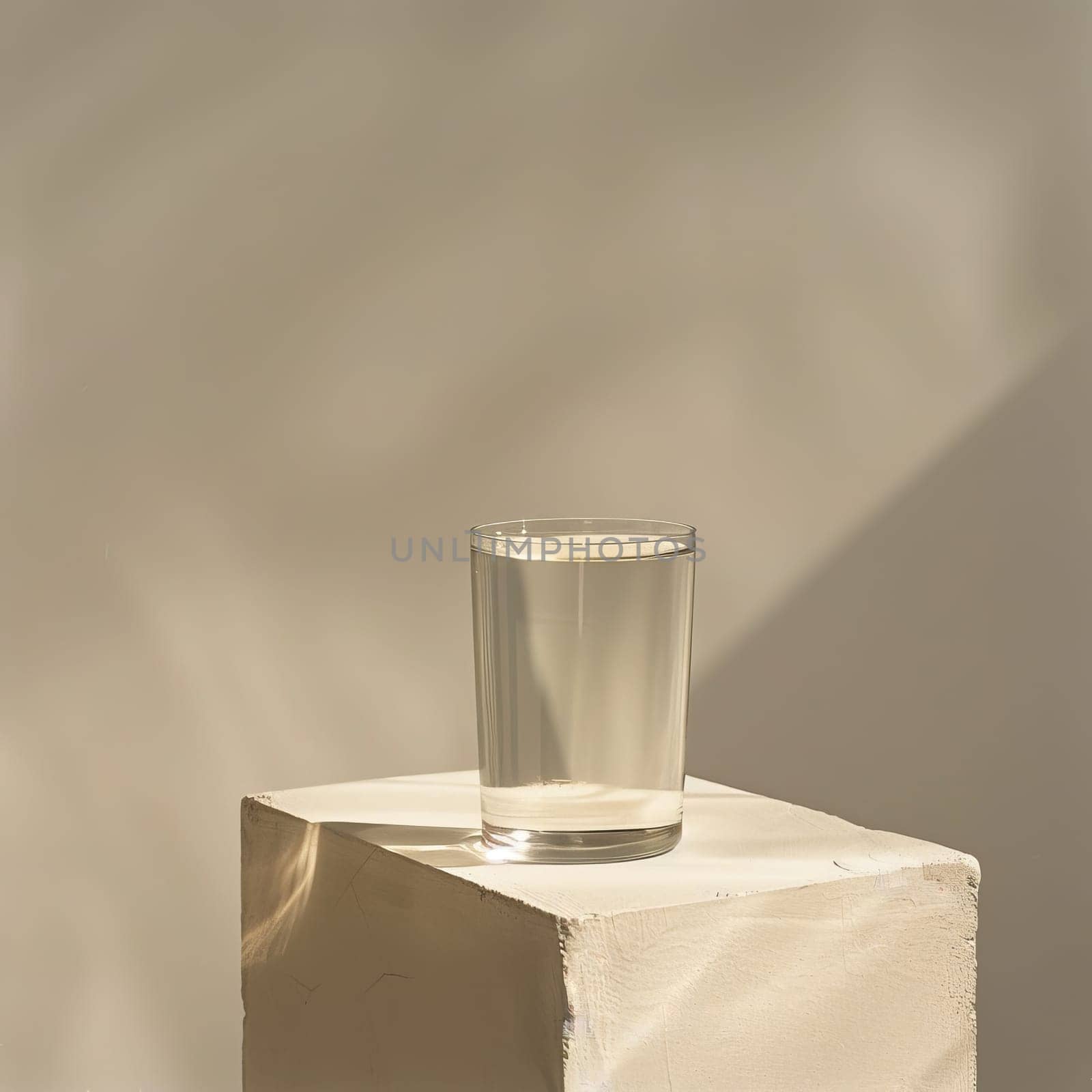 Minimalistic image of a glass of water on a white cube with sun shadows
