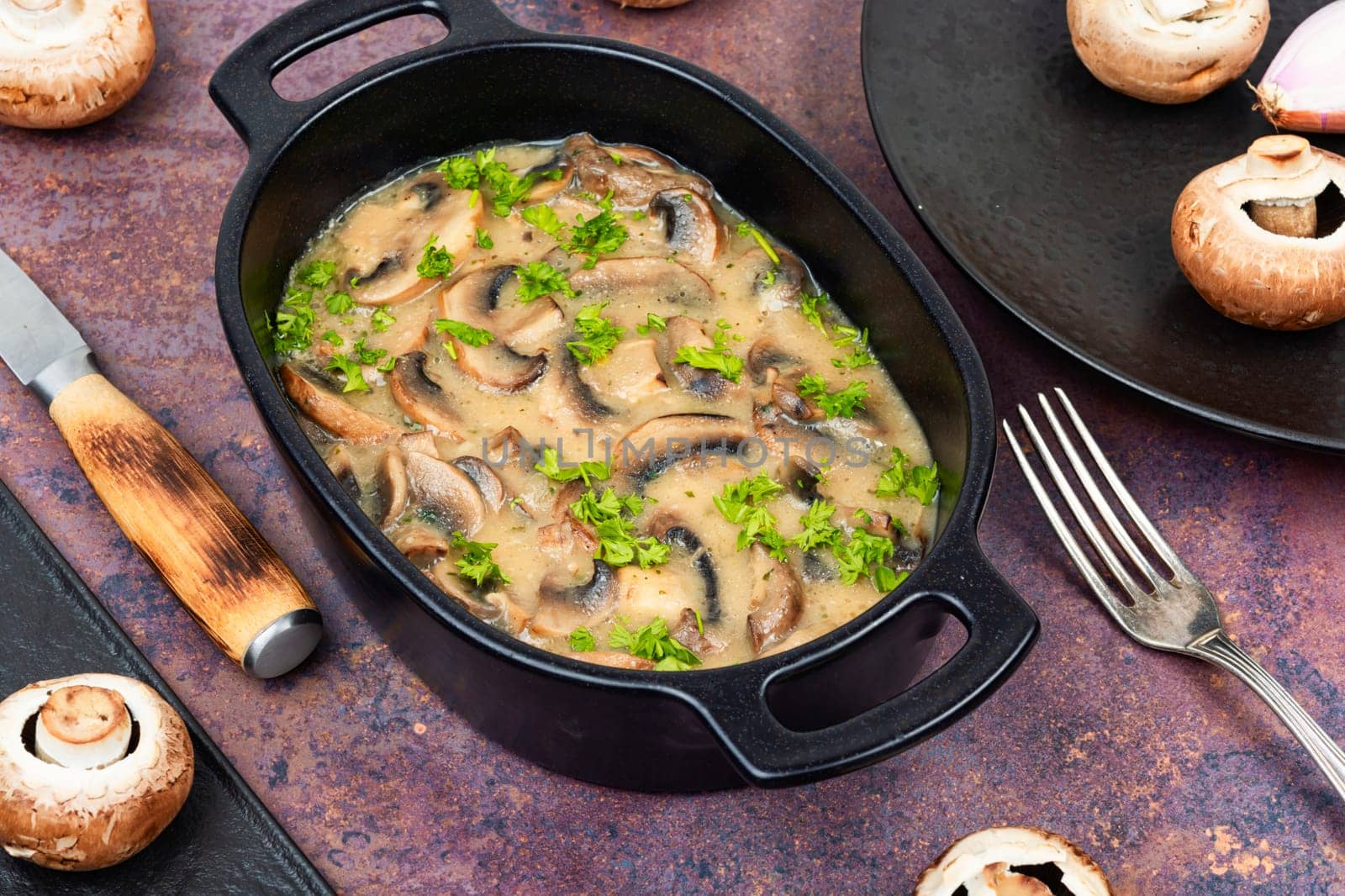 Champignons in creamy garlic sauce, with herbs and spices, gravy, sauce, no people,Mushroom sauce with cream. German cuisine